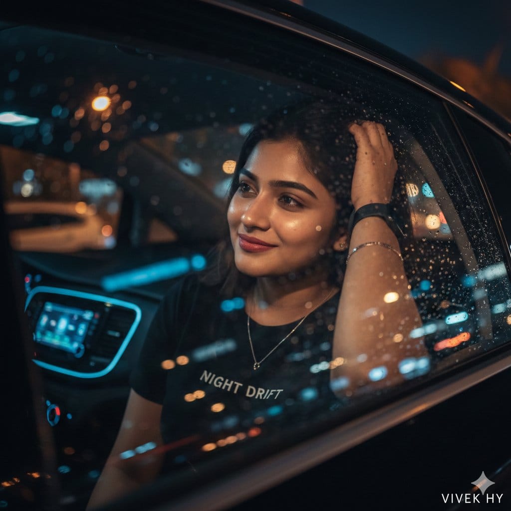 Nighttime Cinematic Portrait Through Car Window