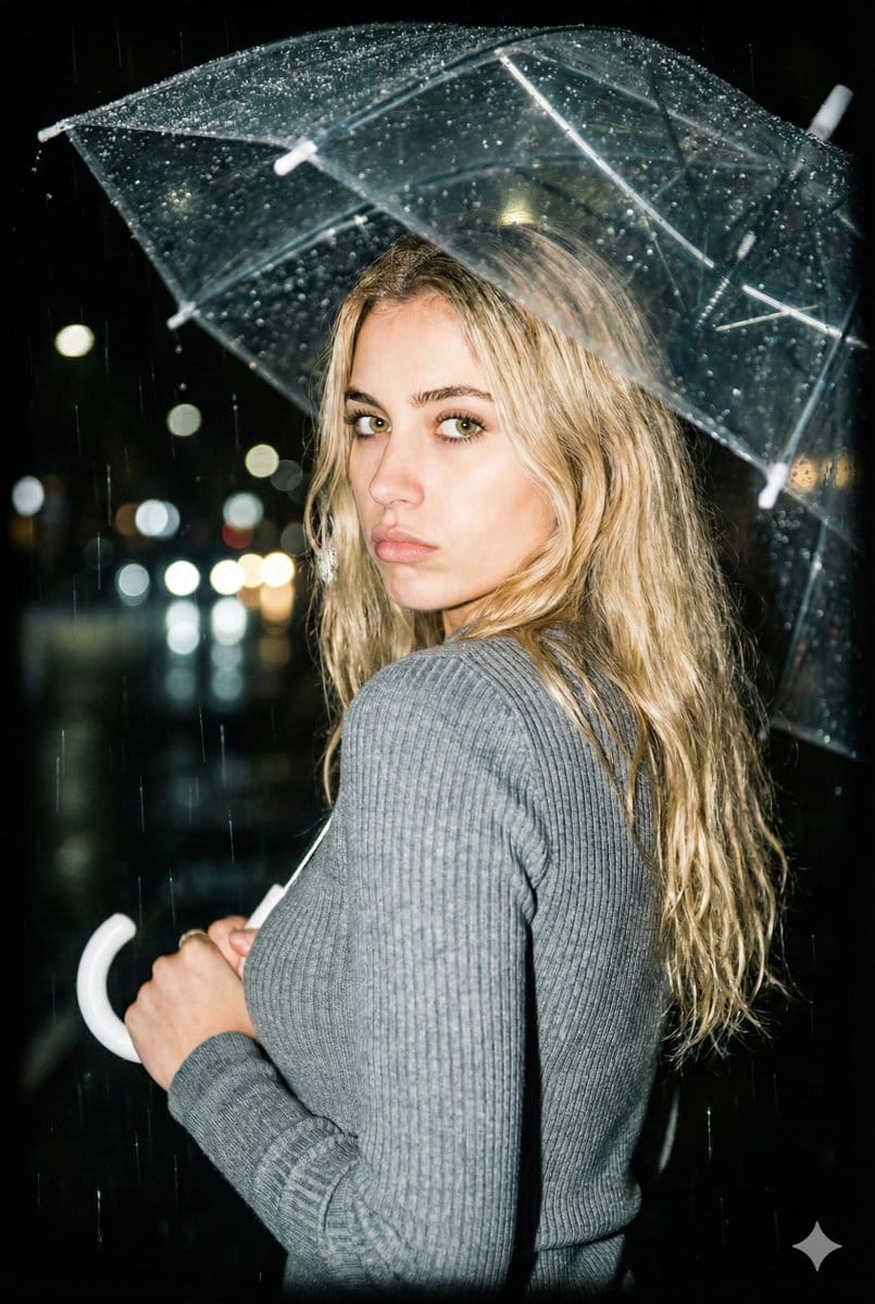Nighttime Rainy Umbrella Portrait Prompt
