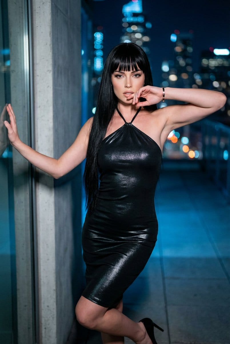 Nighttime Rooftop Portrait with Metallic Dress
