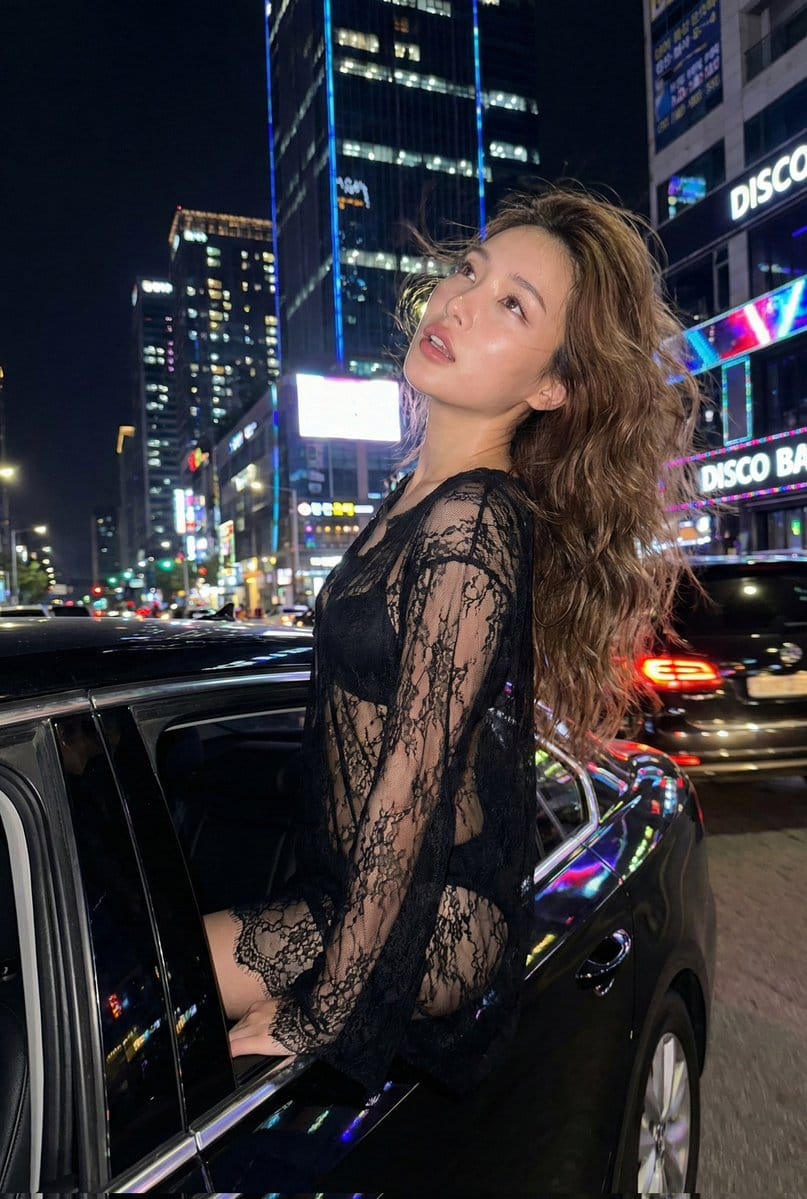 Nighttime Urban Fashion Editorial in Luxury Sedan Prompt