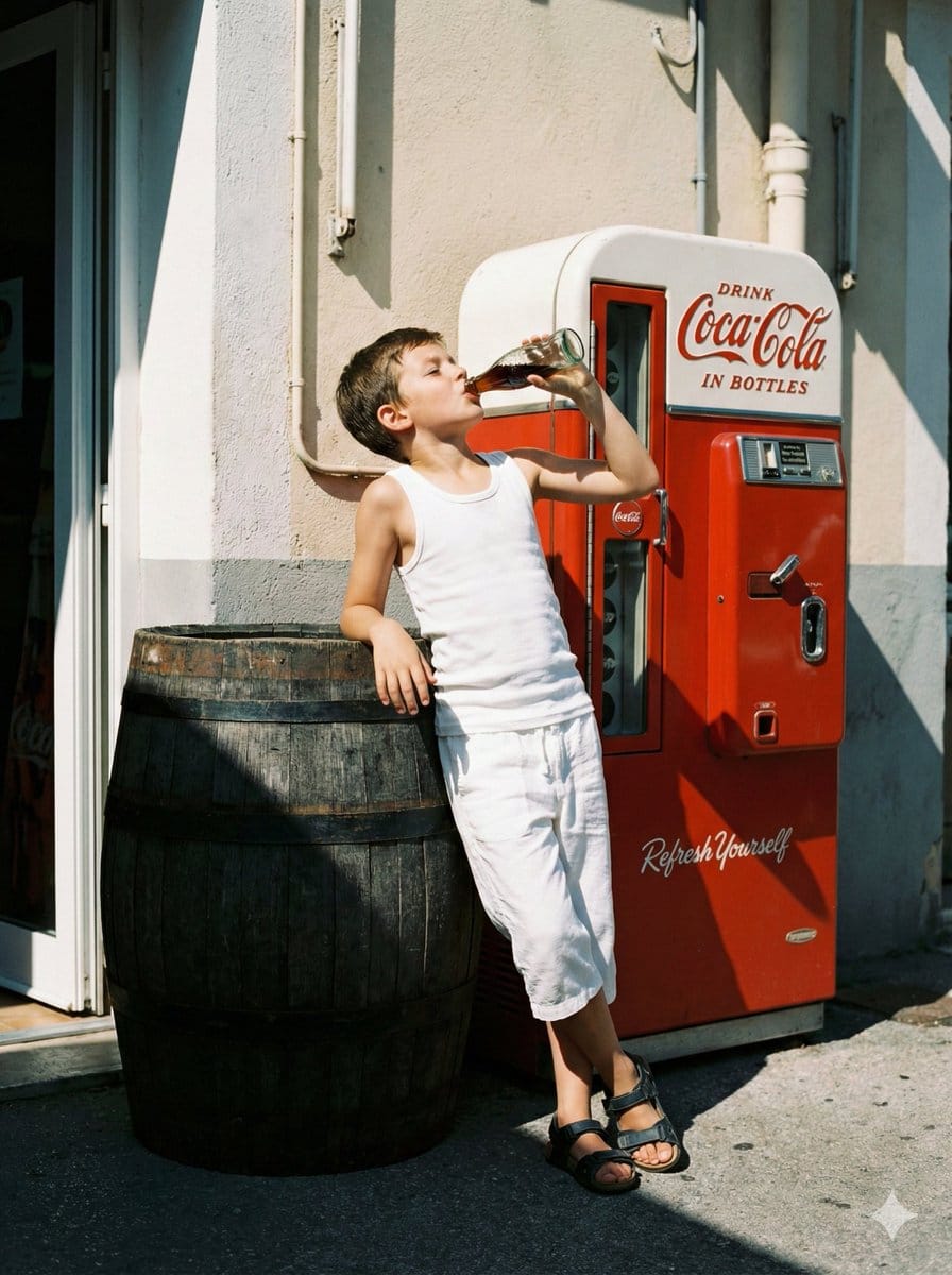 Nostalgic Film Photo of Boy by Coca-Cola Vending Machine