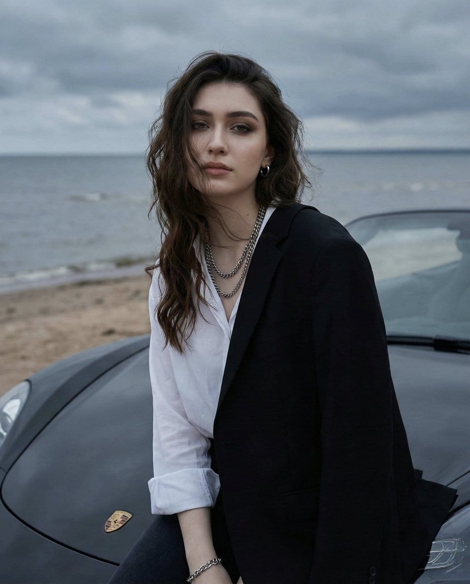 Overcast Seaside Car Hood Portrait with Identity Lock Prompt