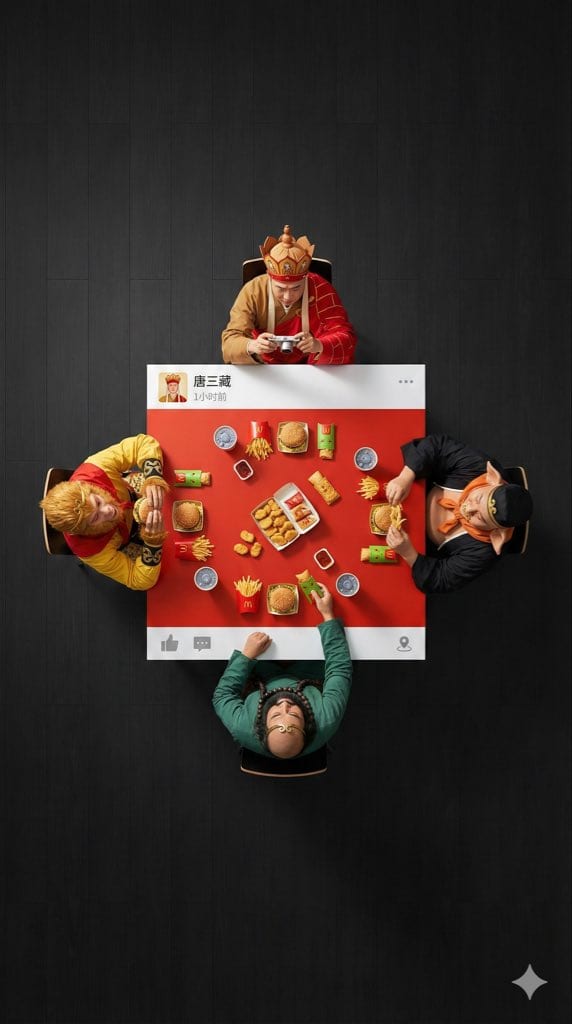 Overhead Superhero Mahjong Scene Prompt (WeChat Moments Style)
