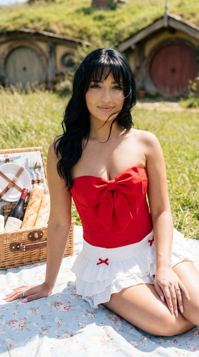 Photoreal Picnic Portrait near Hobbit Cottages