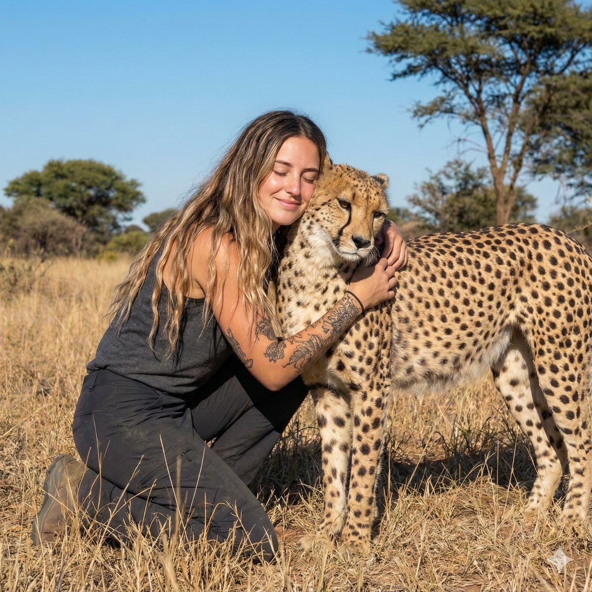Photorealistic Cheetah Hug in the Savannah