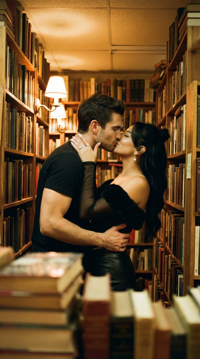 Photorealistic Cinematic Kiss in a Cozy Bookstore Aisle