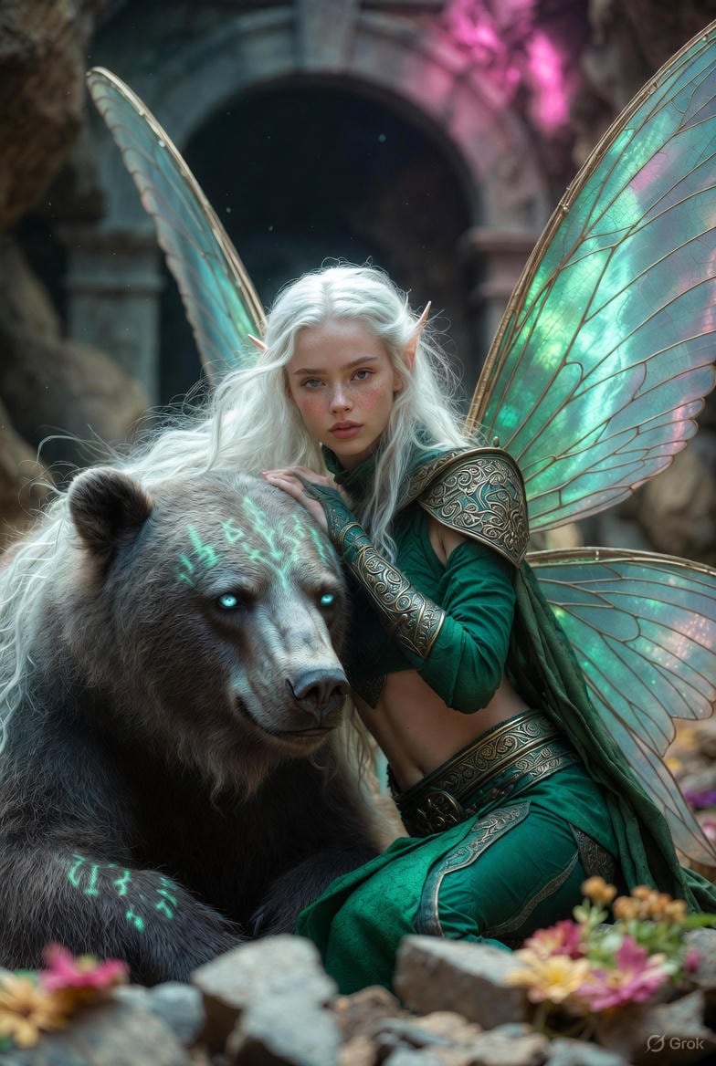 Photorealistic Fantasy Scene: Fairy and Muscular Bear in Cavern