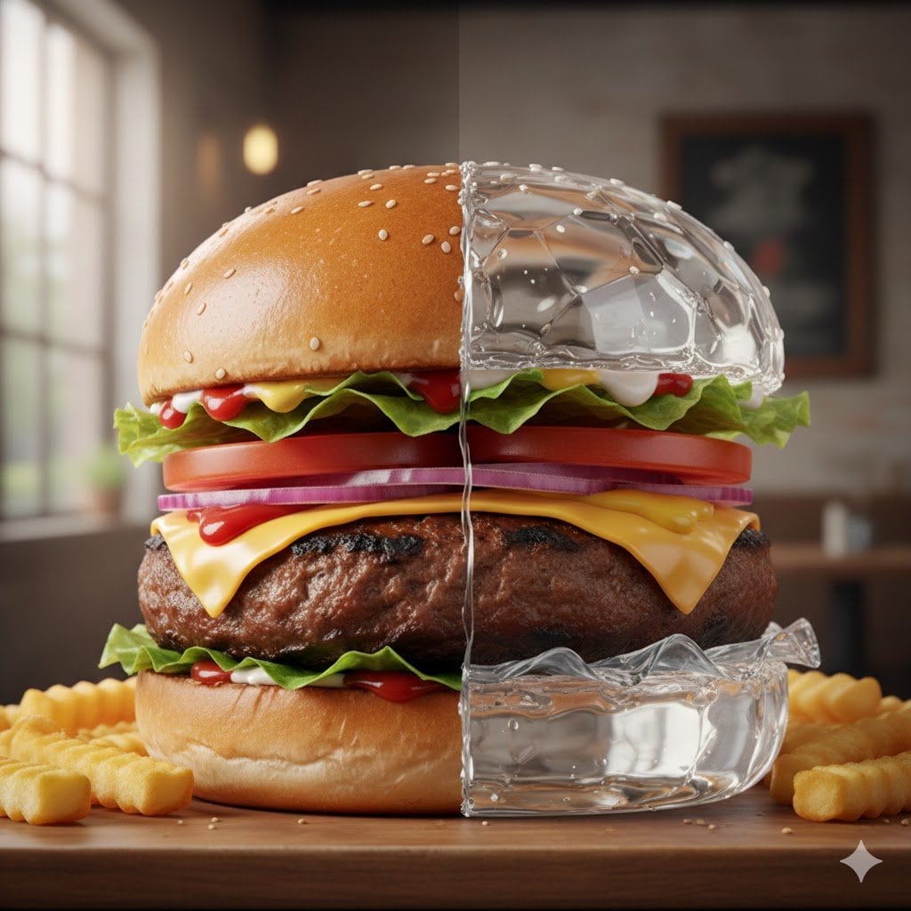 Photorealistic Hamburger Half Glass, Half Normal