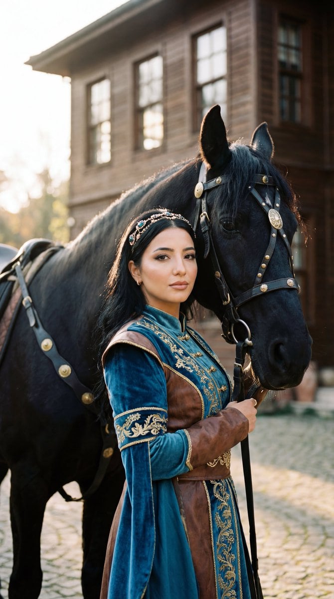 Photorealistic Historical Turkish Woman with Black Horse