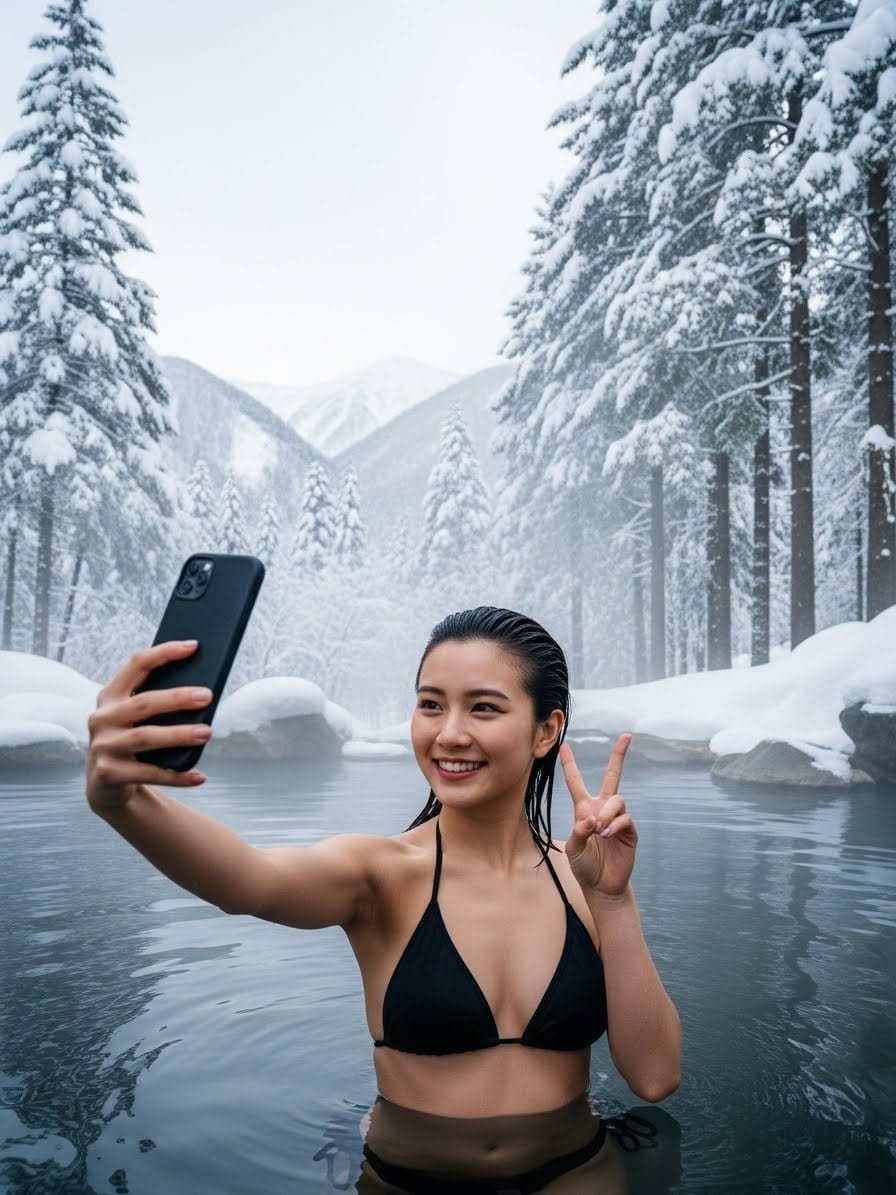 Photorealistic Japanese Female Influencer in Hot Spring