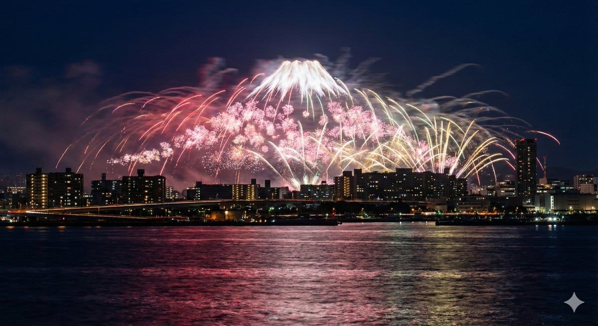 Photorealistic Long-Exposure Fireworks over a City Skyline