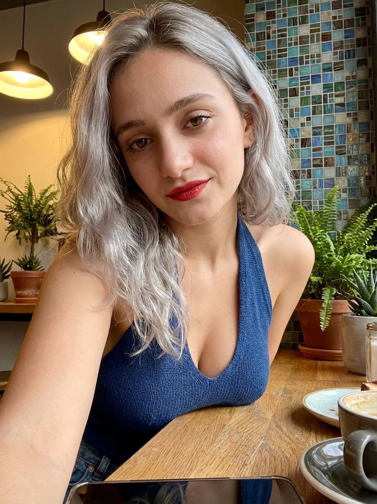 Photorealistic Low-Angle Café Selfie