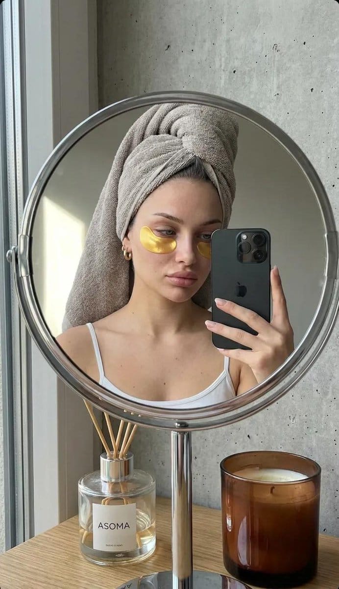Photorealistic Mirror Selfie with Eye Patches and Turban
