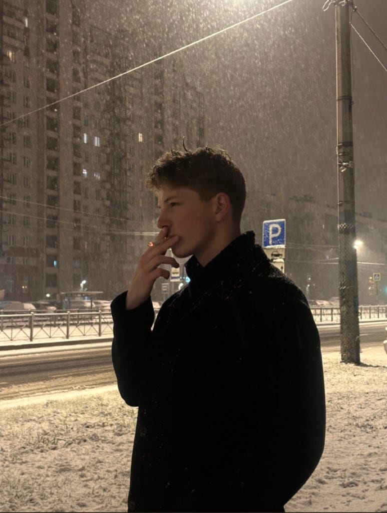 Photorealistic Night Portrait of Man Smoking in Snow