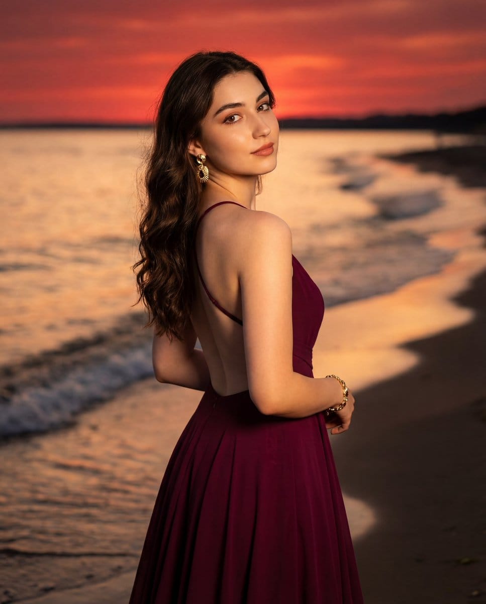 Photorealistic Portrait of a Woman in an Evening Dress at Sunset Beach