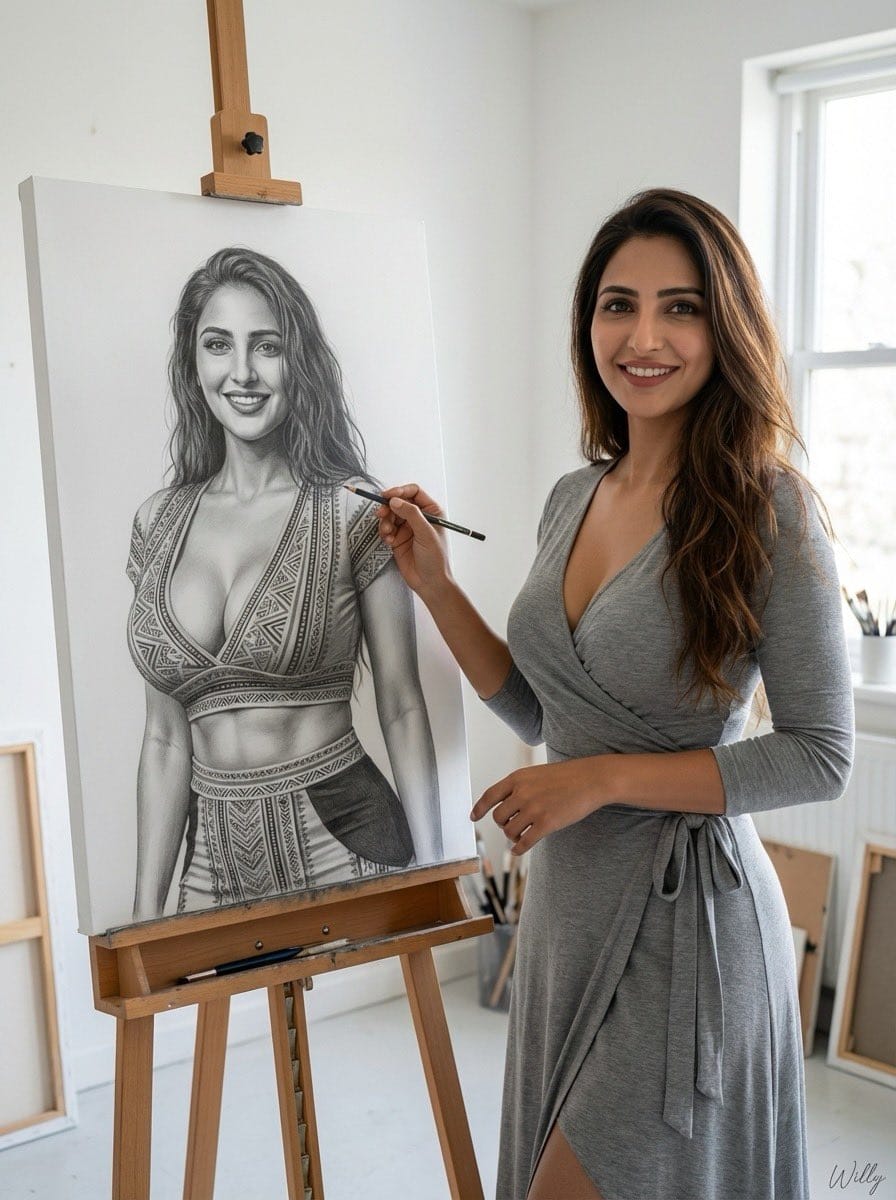 Photorealistic Portrait with Grayscale Drawing