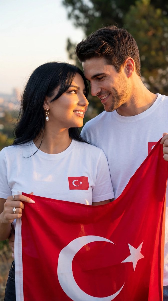 Photorealistic Romantic Couple with Turkish Flag Prompt