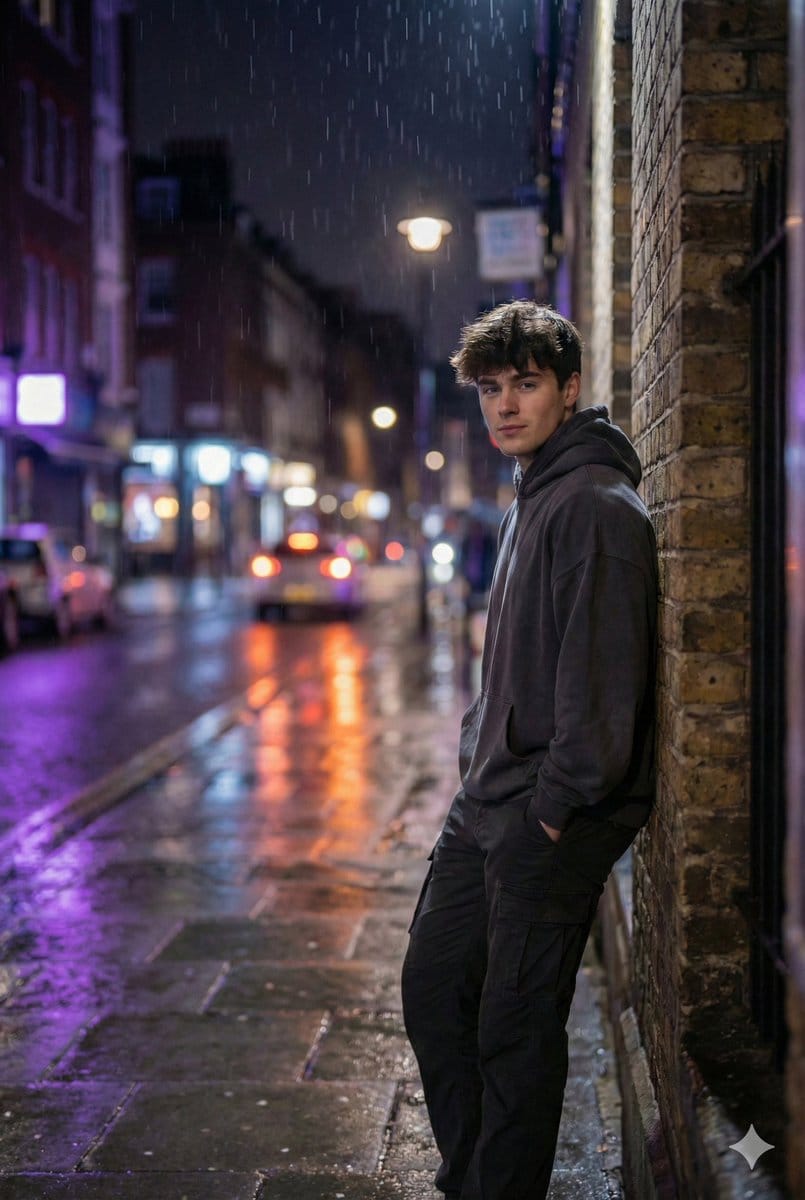 Photorealistic Urban Night Portrait of a British Man