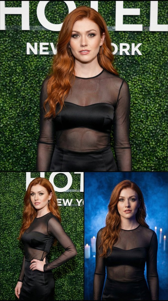Photorealistic Vertical Collage of a Woman in Black Dress