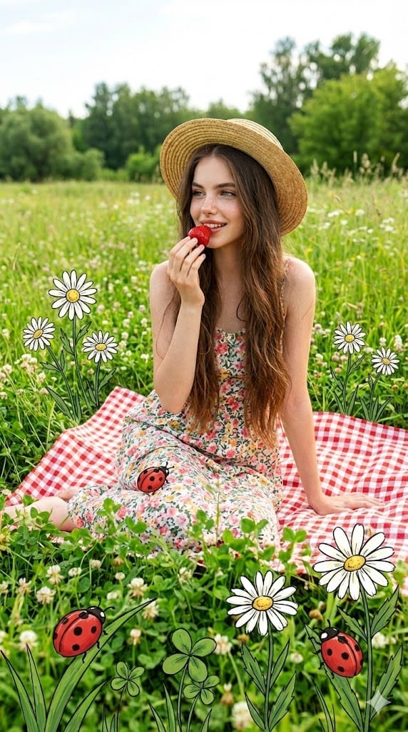 Picnic Meadow Photo with 2D Illustration Overlay Prompt