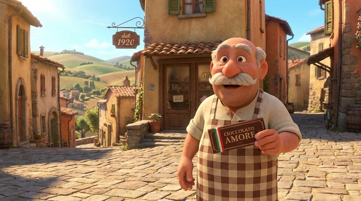 Pixar Style Italian Man in Front of Chocolate Shop