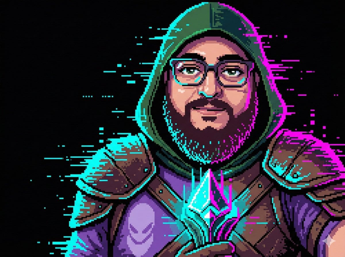 Pixel art character portrait with glitch effect