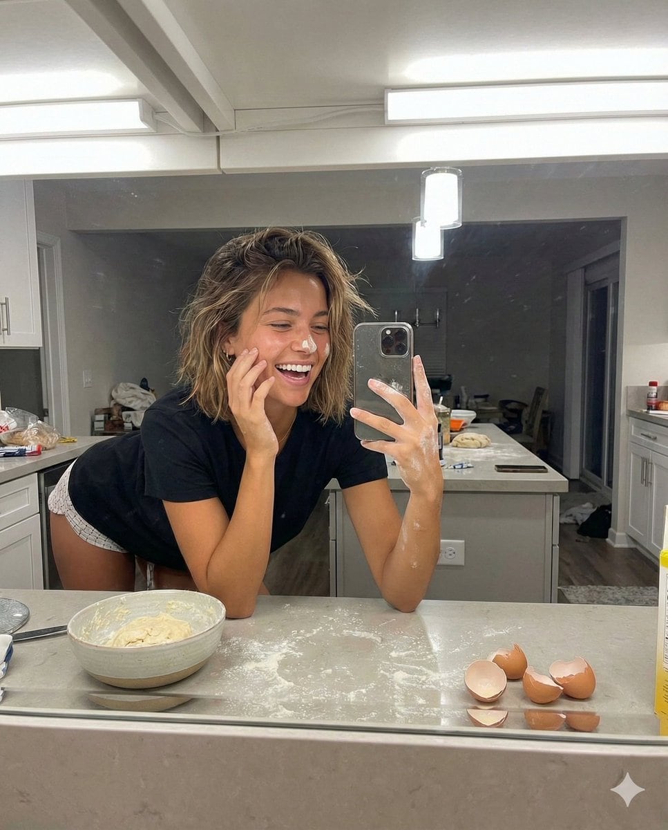 Playful Mirror Selfie in a Messy Kitchen