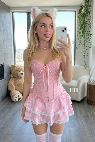 Playful Mirror Selfie with Cat Ears and Pink Brocade Corset