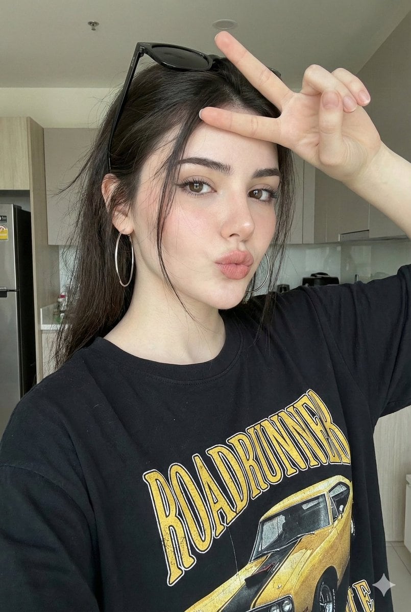 Playful Selfie Portrait with Peace Sign (JSON)