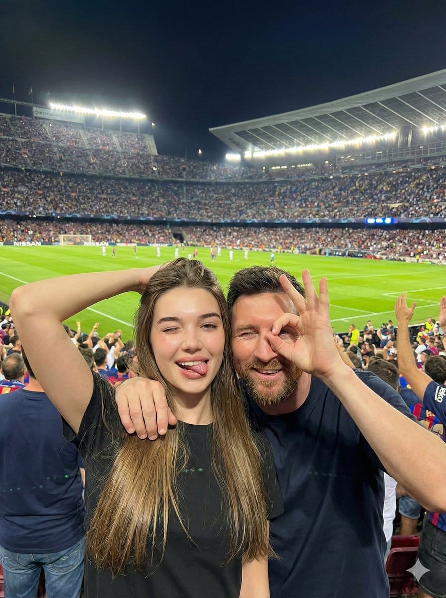 Playful Selfie with Lionel Messi in a Football Stadium