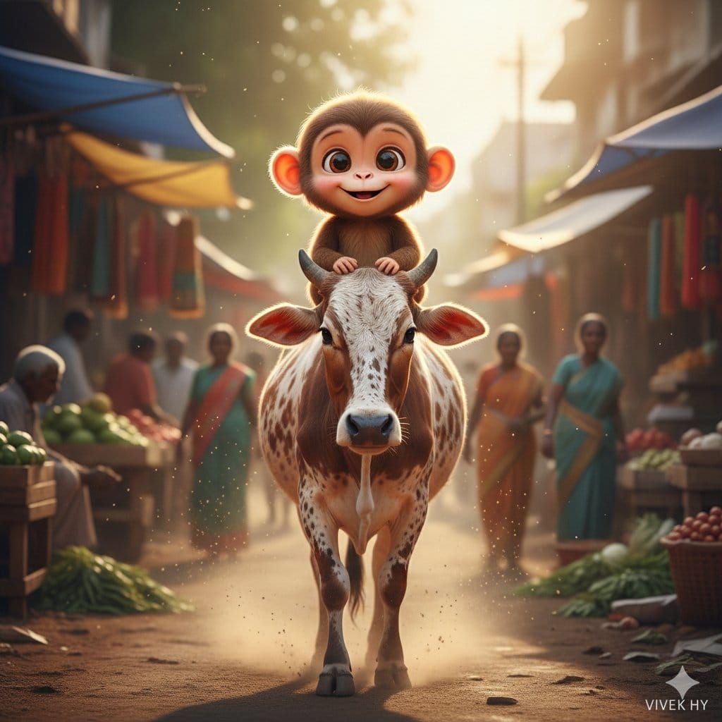 Playful Surreal Village Scene: Monkey Riding a Cow