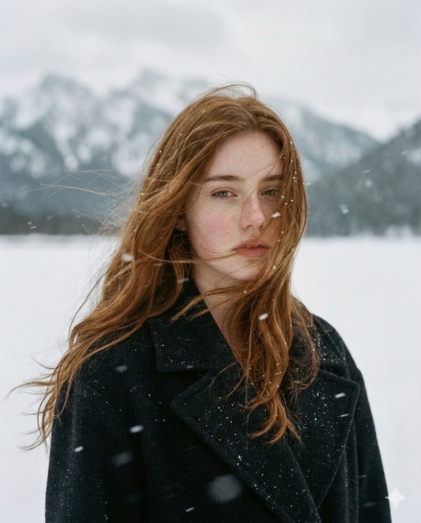 Poetic Cinematic Portrait in Snowy Landscape