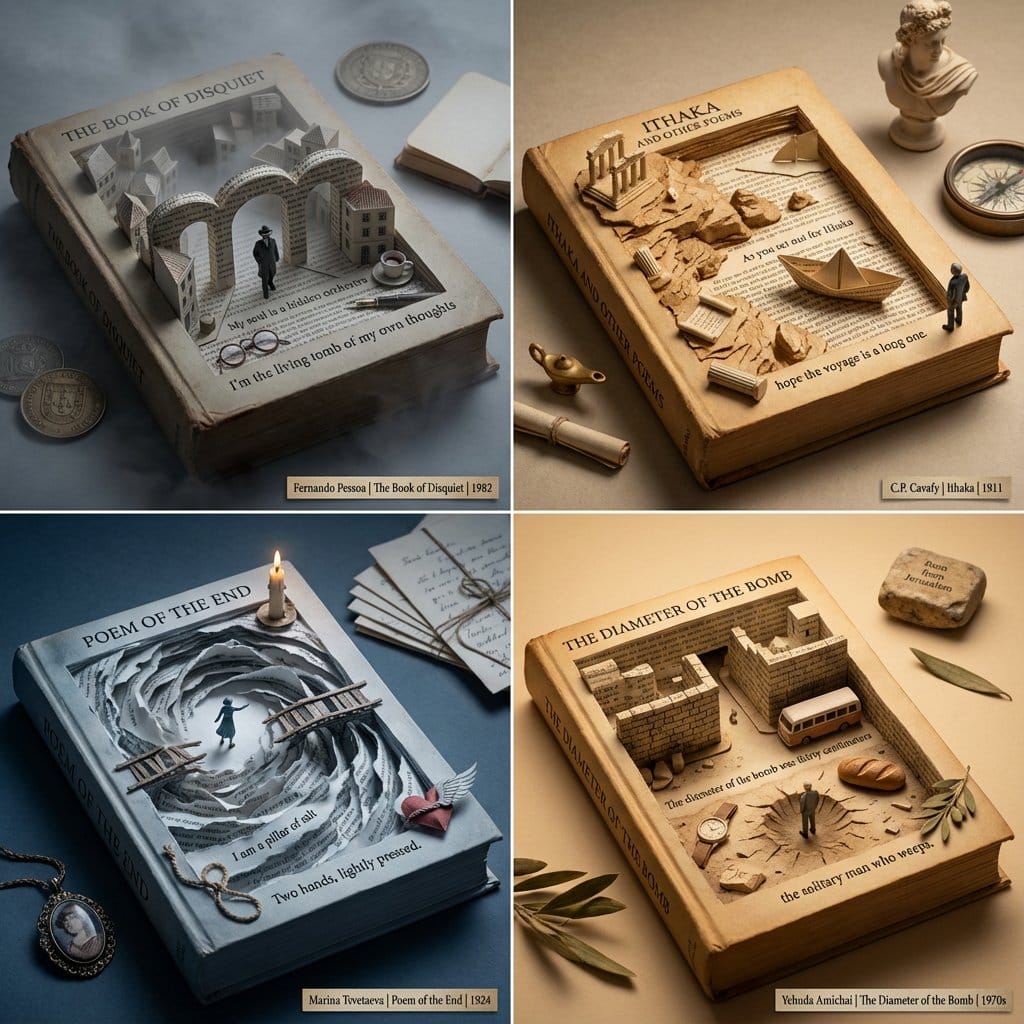 Poetry Recommendation System Prompt (Carved Book Sculpture Aesthetic)