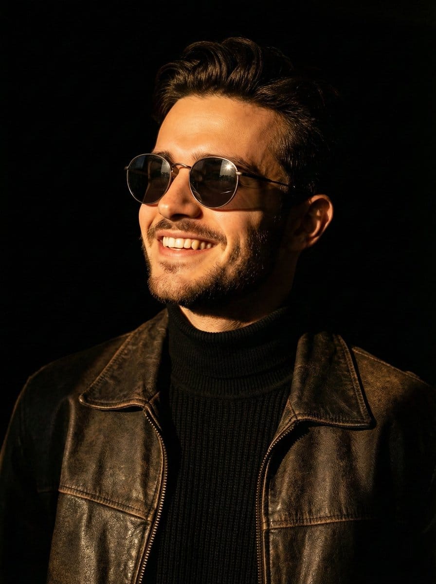 Portrait photo prompt for a man with dramatic side-lighting and specific clothing details