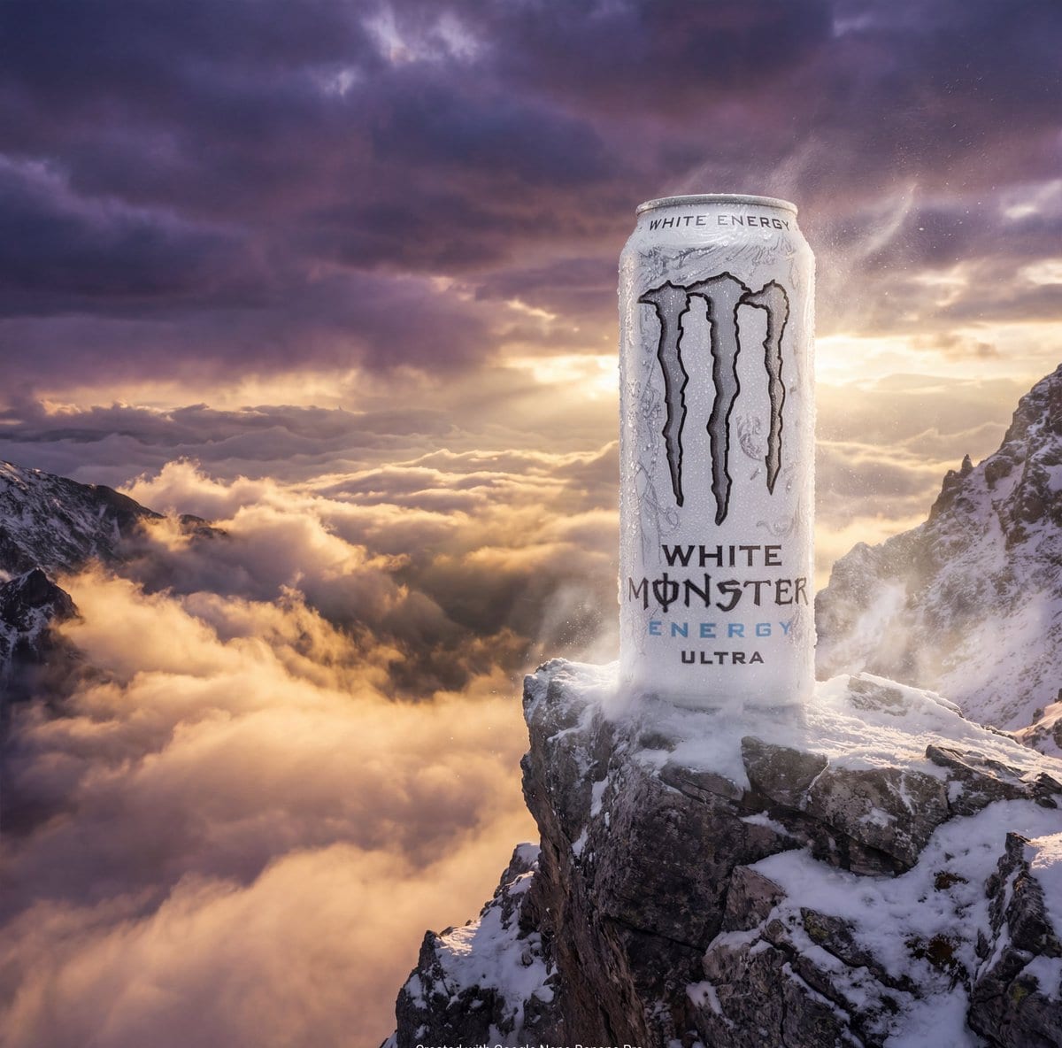 Product Ad: Monster Energy Can on Mountain Peak