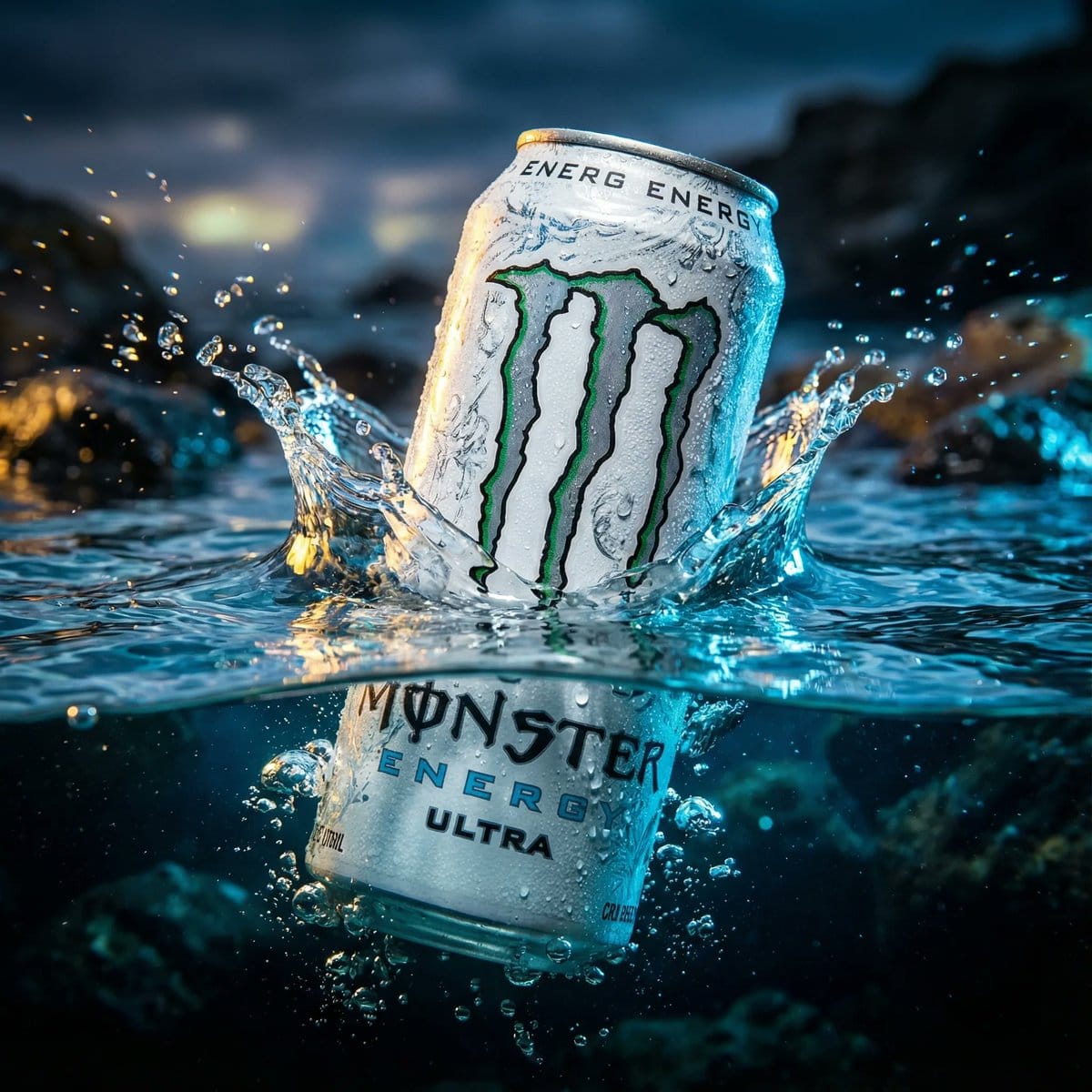 Product Ad: White Monster Energy Can Submerged in Water