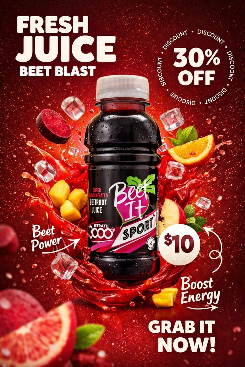 Product Photography Poster with Liquid Splash and Text Overlays