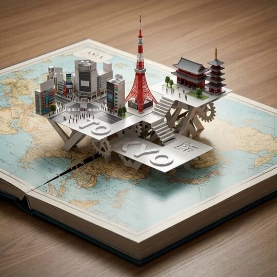 Product photography prompt for a Tokyo pop-up atlas scene