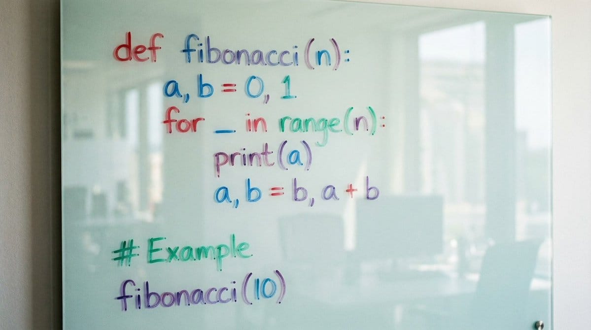 Python Fibonacci code on glass whiteboard