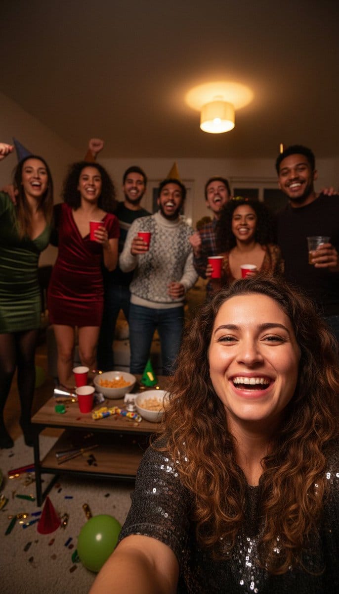 Realistic Group Selfie with Smartphone Flash Effect