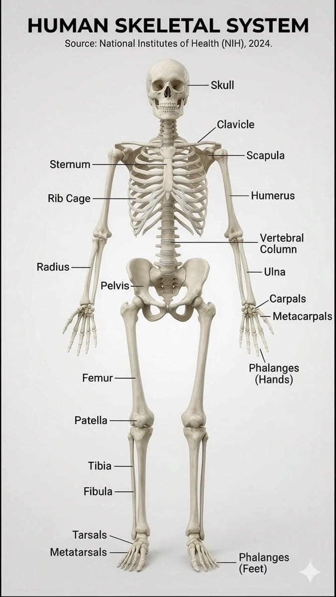 Realistic human skeletal system infographic