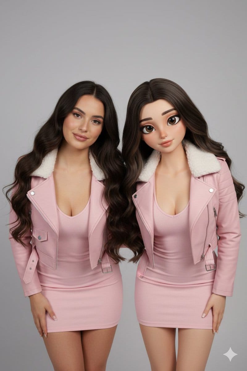 Realistic Human vs. 3D Character Side-by-Side Prompt