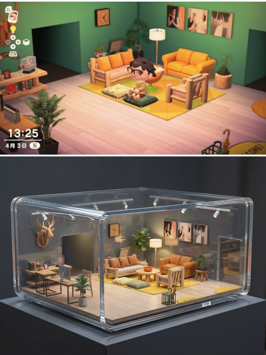 Realistic Interior to Transparent Miniature Diorama Prompt