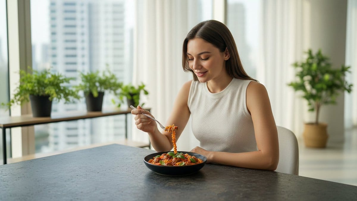 Refined Dining Scene with Fusilli and Meatballs