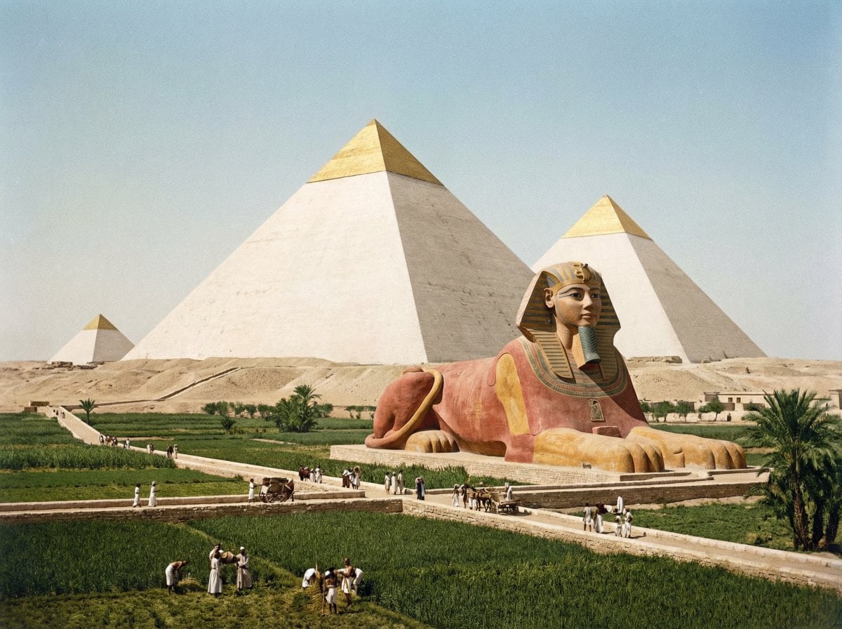 Restored pyramids and Sphinx