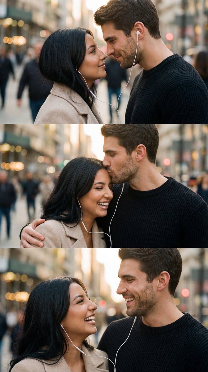 Romantic Cinematic Triptych with Shared Earphones