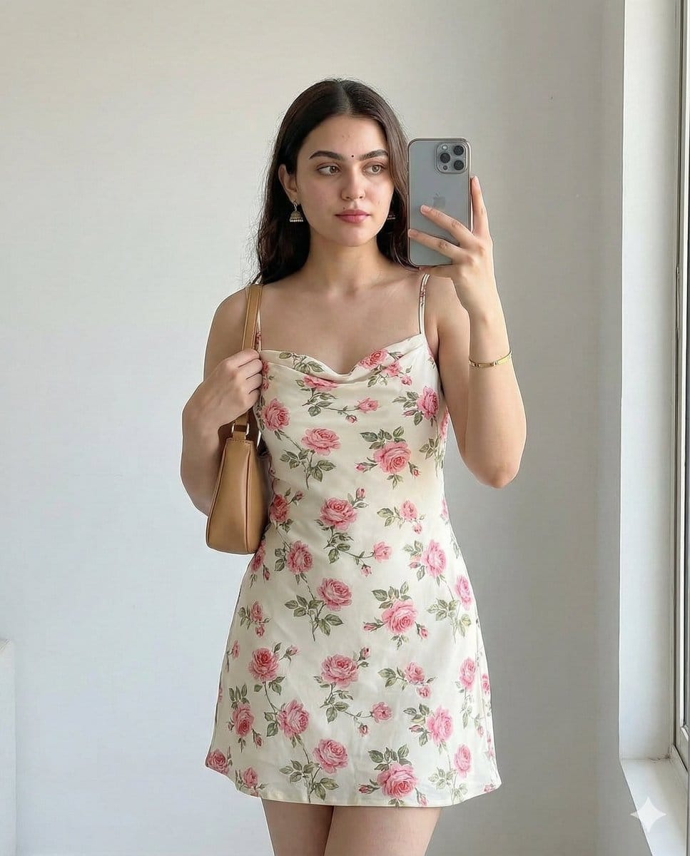 Romantic Floral Dress Mirror Selfie