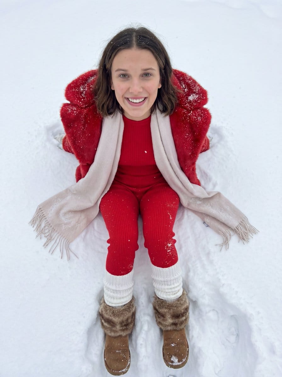 Sadie Sink Macro-Portrait in Snow JSON Prompt