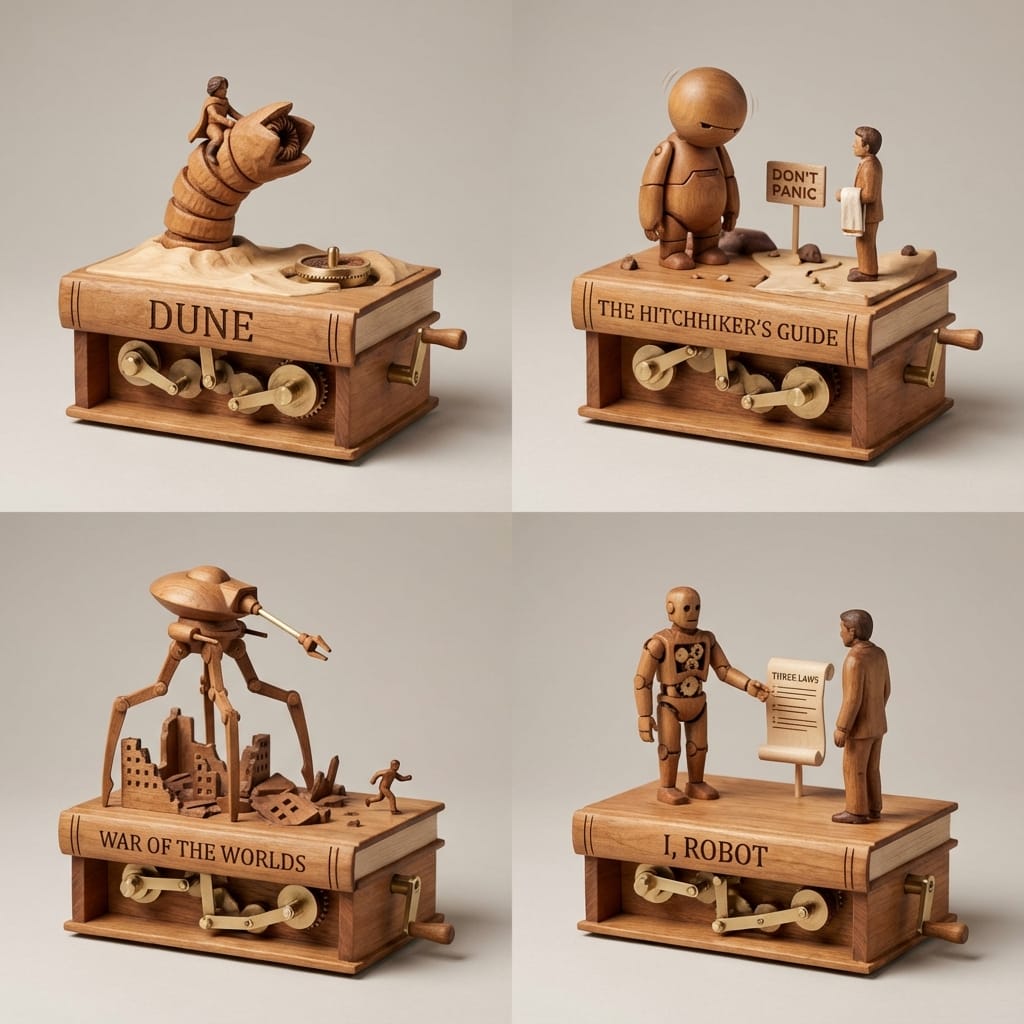 Sci-Fi Book Automaton Macro Product Photography Prompt