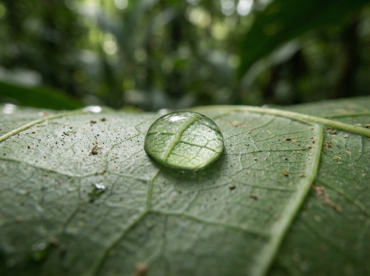 Scientific Macro Documentary Photography Prompt for Water Droplet on Leaf